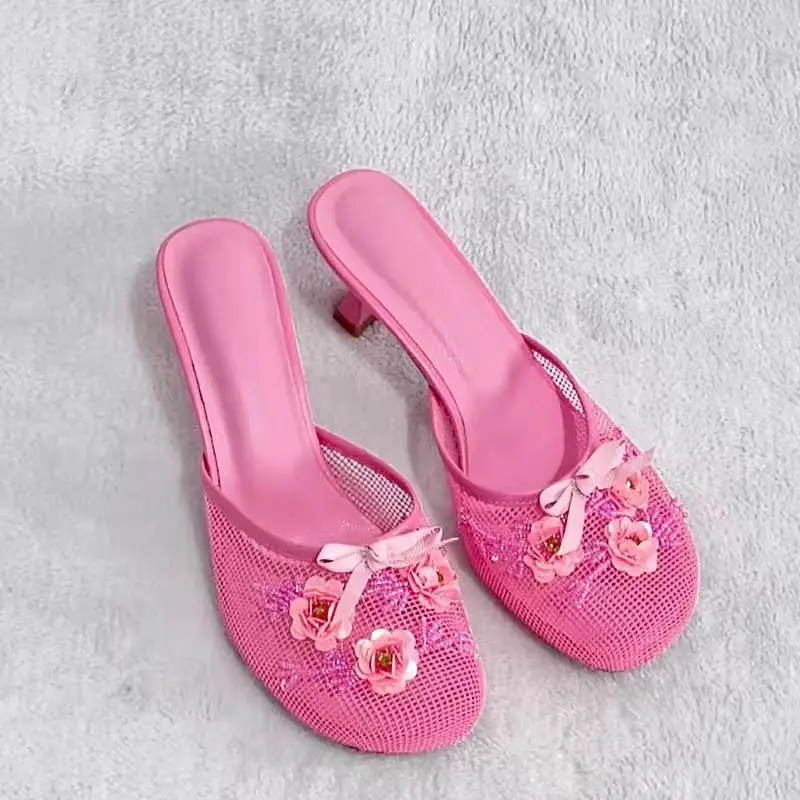 

Rhinestone Flower Hollow Round-Toe Sandals Stiletto Temperament High-Heeled Slippers Sweet Outdoor Wear Large-Size Women Mules