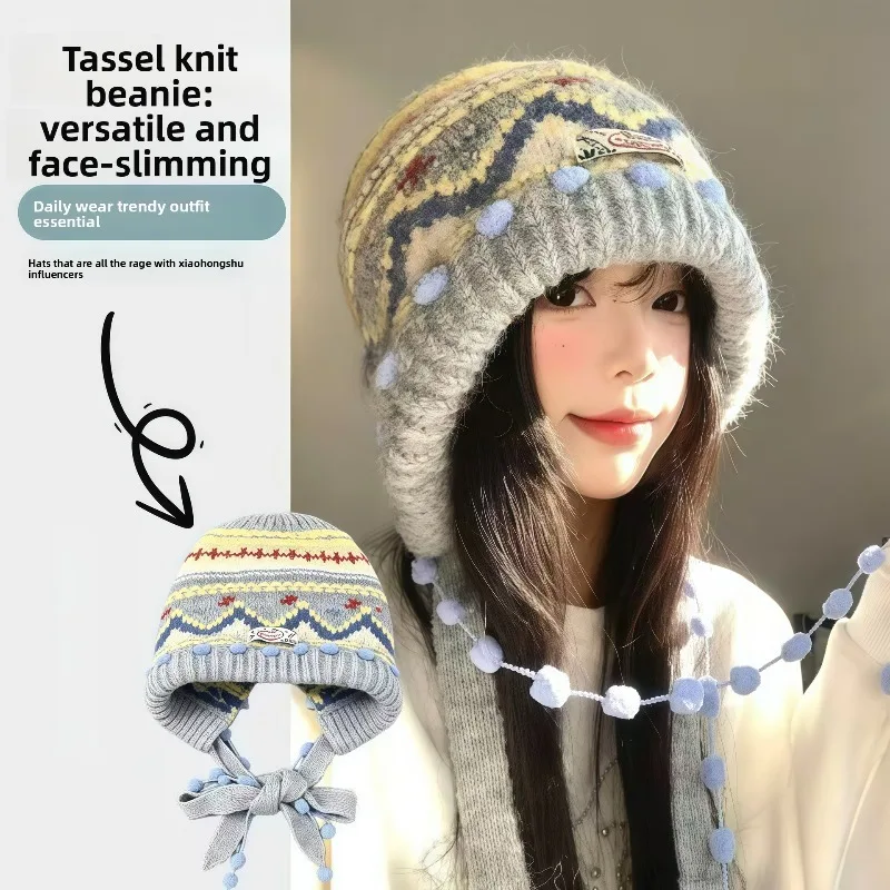 Autumn Winter Retro Knitted Beanie Hat Thickened Warm with Ear Flaps Wool Thermal Cap for a Small Face Slimming