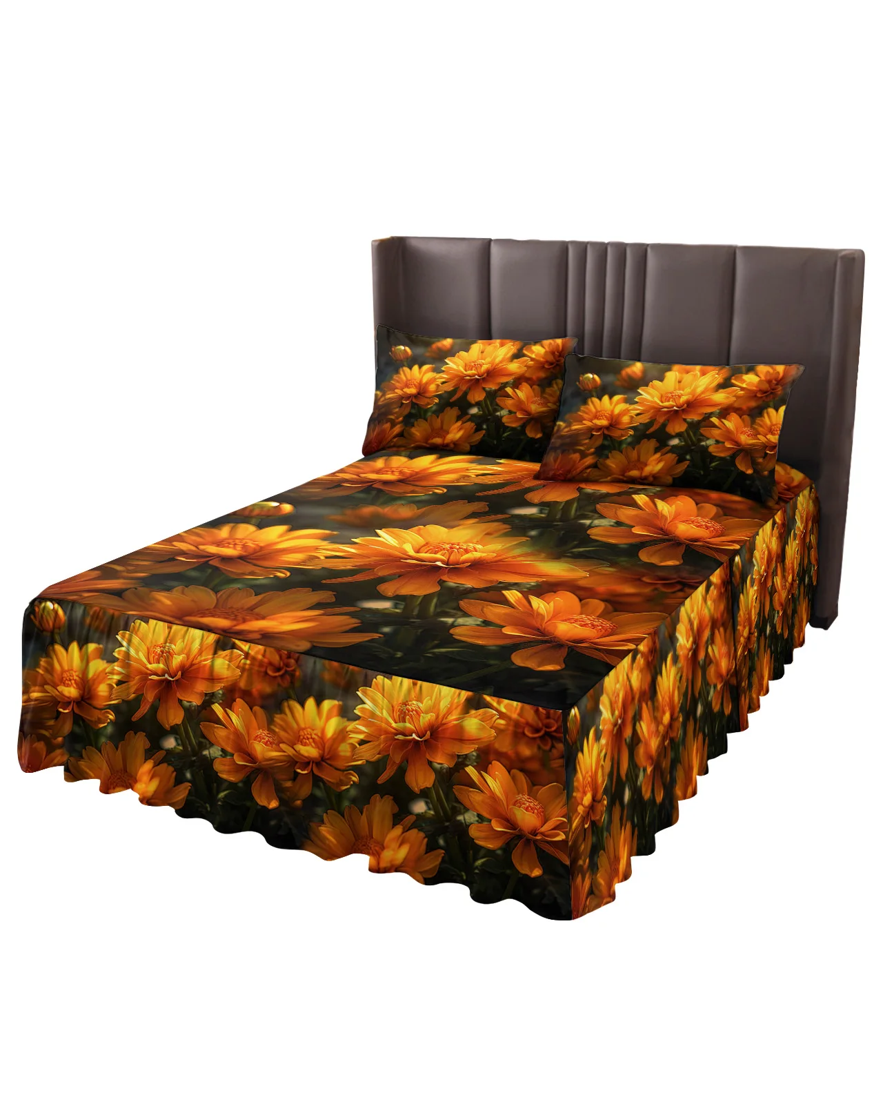 Chrysanthemum Flower Bed Skirt Elastic Fitted Bedspread With Pillowcases Bed Protector Mattress Cover Bedding Set Bed Sheet