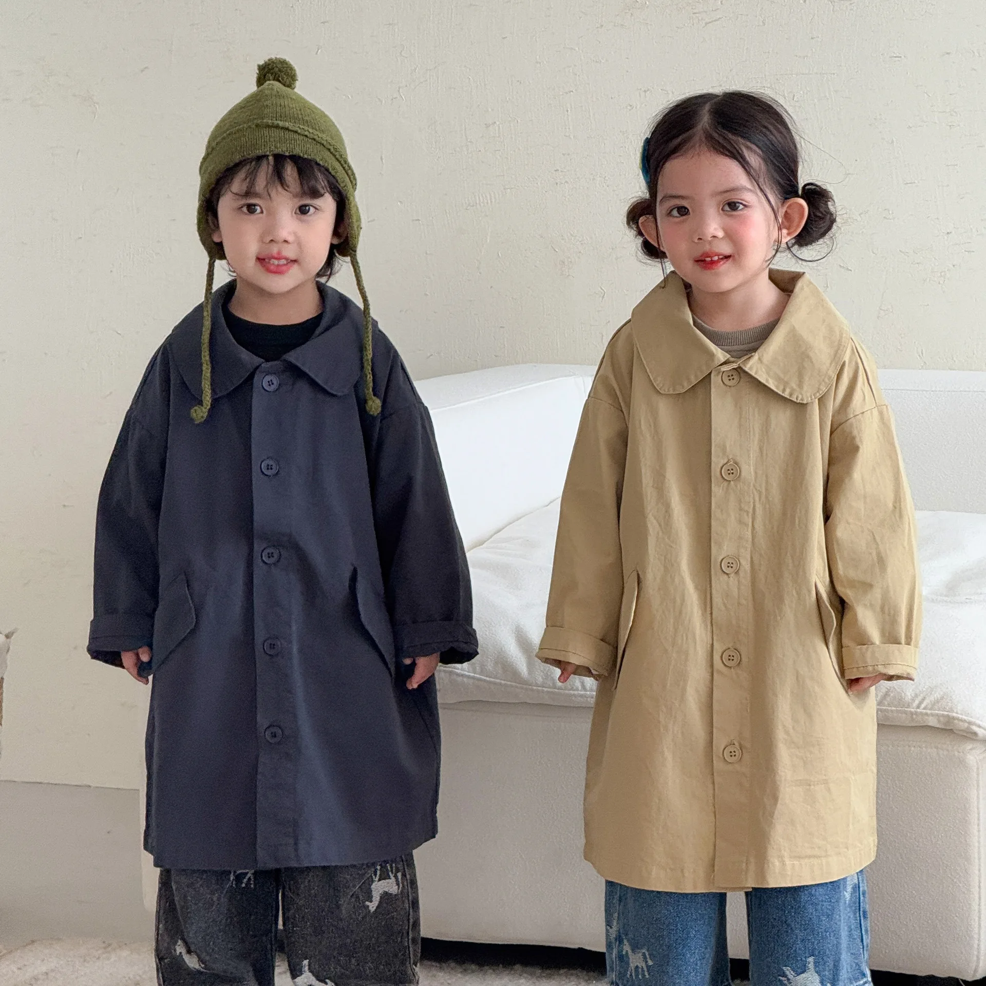 2026-autumn-new-children-long-coat-solid-boys-long-sleeve-lapel-windbreaker-fashion-girls-loose-overcoat-cotton-kids-clothes