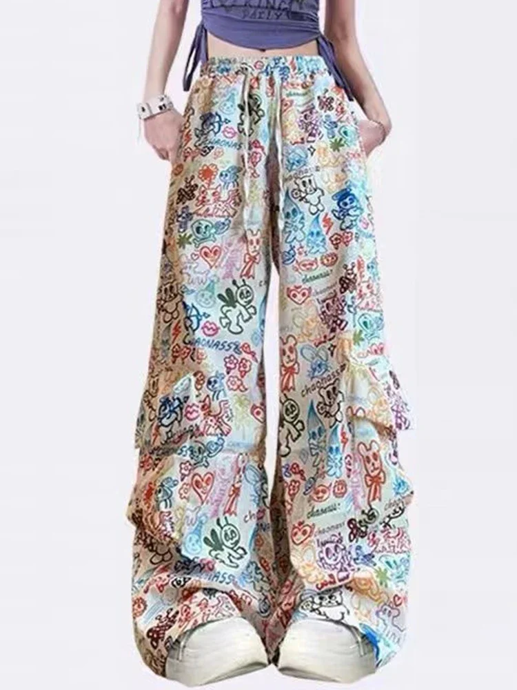 Sweet, Cool, Spicy Girl Graffiti Printed Casual High Waist Loose Straight Tube Large Pocket workwear Wide Leg  Pants Female