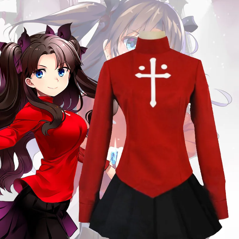 Fate Stay Night Cosplay Feminina, Tohsaka Rin, Conjunto de Saia Vermelha e Preta, Fato de Carnaval, Troca de Papéis, Vestidos Halloween