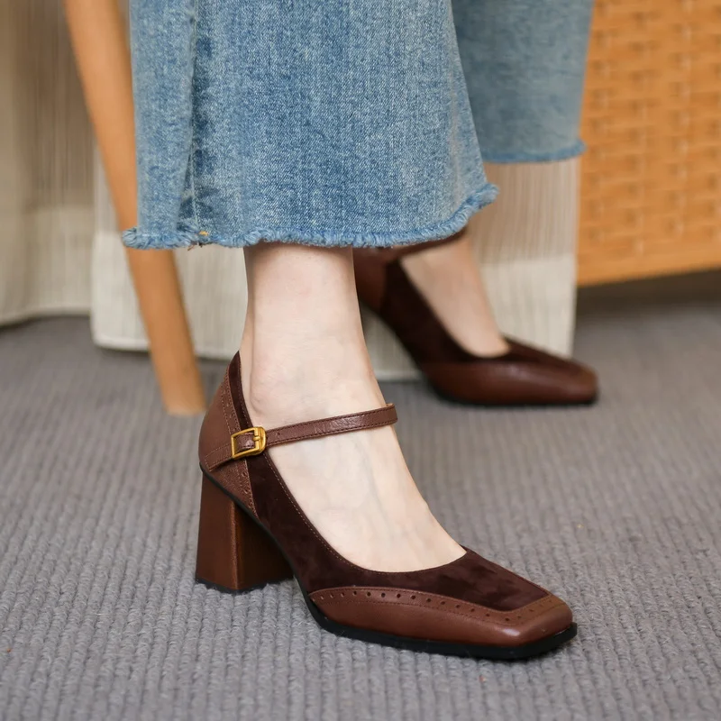 

Ladies Shoes Woman Retro Pumps Real Leather Cowhide Mary Jane Square Toe One Strap Women Shoes On Heel Spring Autum Thick Heeled