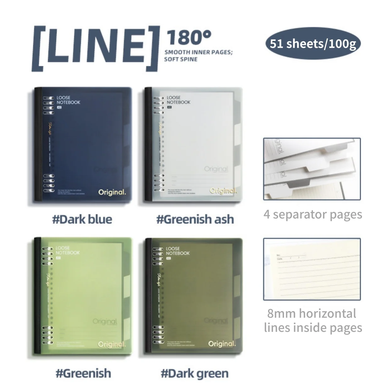 Carnet à pages amovibles, carnet minimaliste à 8 trous, carnet à reliure à dos épissé, détachable pour les étudiants, notes de cours, école