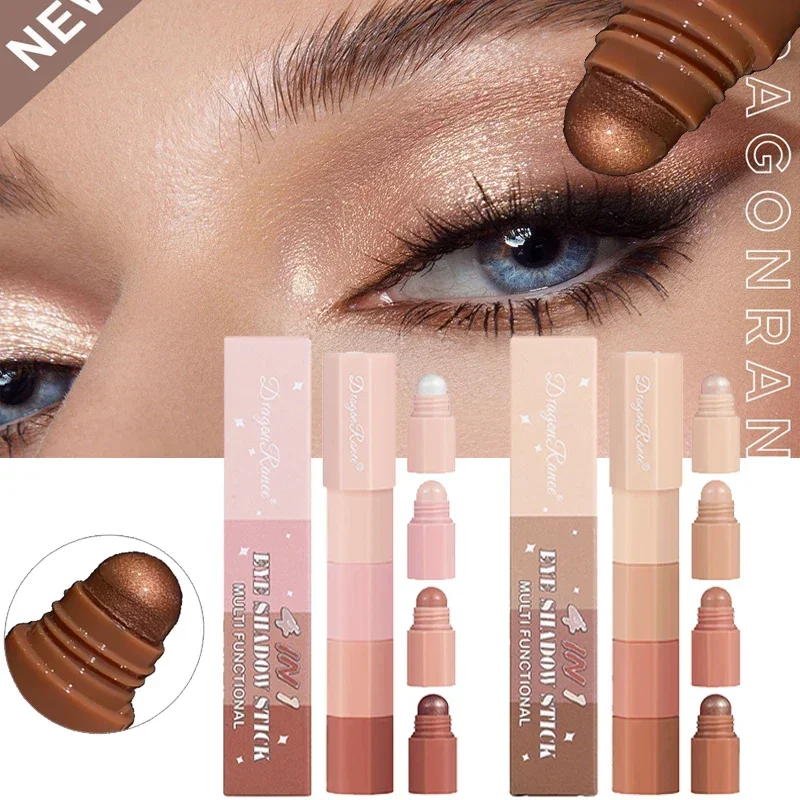 Heallor Coral Brown Mini Eye Shadow Stick 4 IN 1 Combo Pearlescent Metallic High Gloss Highlighter Multi-purpose Eyeshadow Crayo