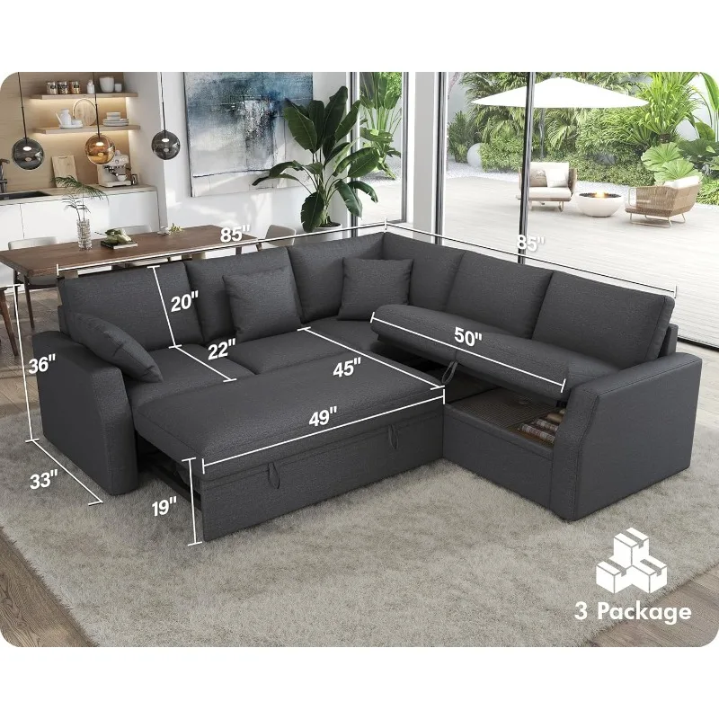 Sofa Bed, 85 Inch Sleeper Couch with Storage Seat, L Shaped Sofa with Pull Out Sofa Bed, Sectional Couches for Living Roo