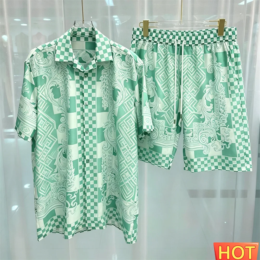 Summer men casual two-piece set 3D Pattern stripes Men's Shirt Set breathable 2 piece set Shirt shorts men' outfit two piece set