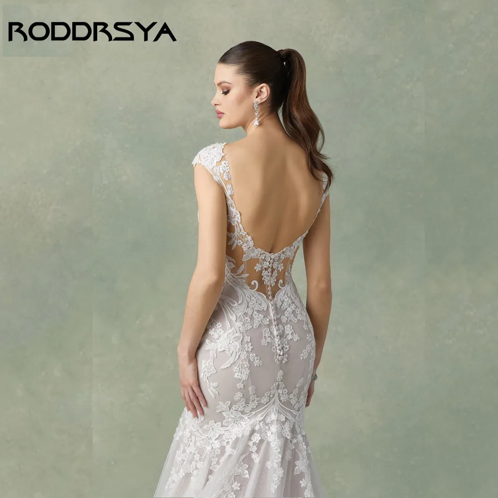 RODDRSY ilusión sirena vestido de novia tul cuello redondo mangas casquillo vestido de fiesta nupcial vestido de novia hecho a medida para mujeres 2024 RODDRSY ilusión sirena vestido de novia tul cuello redondo mangas