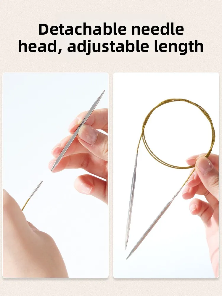 خيط ذهبي قابل للفصل، إبرة حلقية يدوية الصنع لصنع وشاح الحياكة، إبرة دائرية للسترات، أدوات وخيوط خياطة منزلية.