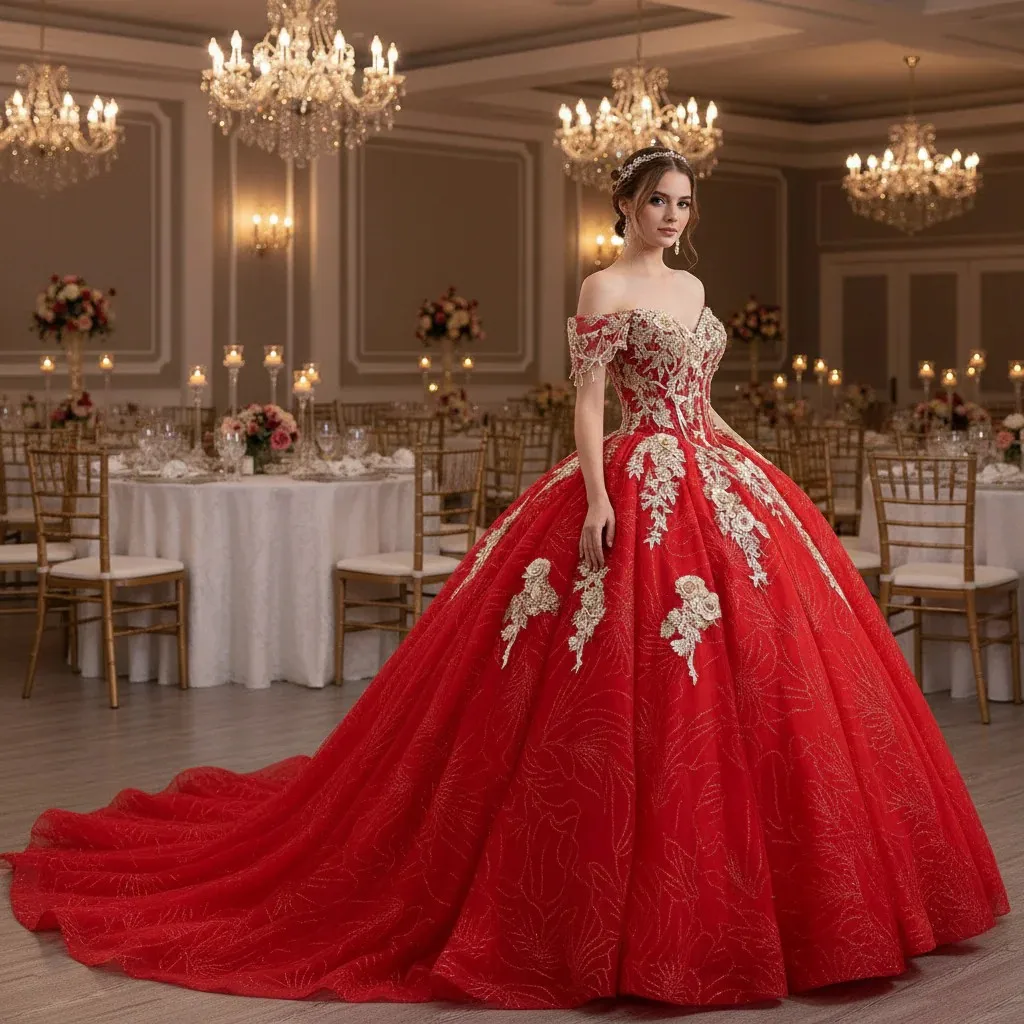 

Rosymae-red quinceanera dress off-the-shoulder dress with an open shoulder with sparkling pearls romantic dress