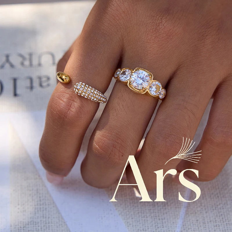 Ars Stainless Steel Open Ring for Women 18k Gold Plated Inlaid Zircon Rings No Tarnish Finger Ring Waterproof Daily Wear Rings