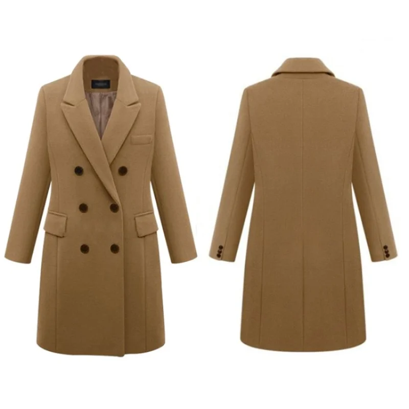 Bürokleidung Lässige Damenjacken Modische Damen-Wollmäntel Elegante, lockere Oberbekleidung mit Revers, einfarbig, zweireihig für Herbst und Winter
