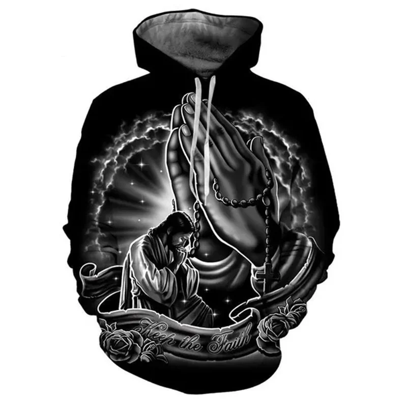 Christian Cross Jesus Pattern Hoodie For Men God 3D Print Long Sleeves Casual Pullover Streetwear Tops Hoodies Loose Sweatshirt