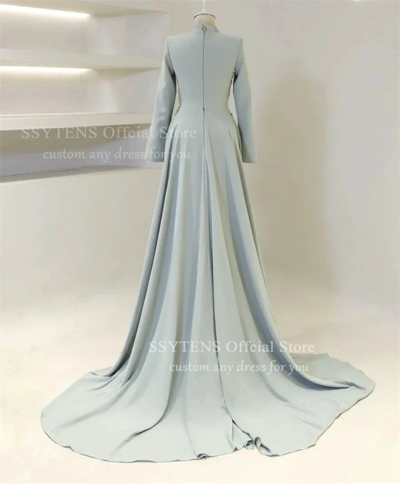 SSYTENS Elegant Burgundy Prom Dresses High-Neck Long Sleeves Mermaid Evening Dresses Muslim Satin Formal Gowns Dubai Customized