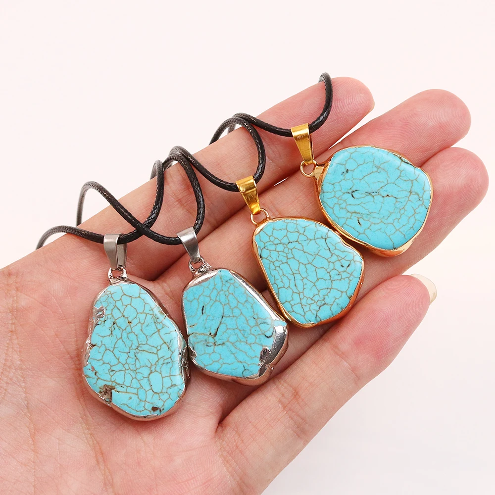 Blue Turquoise Stone Irregular Pendants for Jewelry Accessories Golden Color Silvery Edge Charms for Jewelry Making DIY Necklace