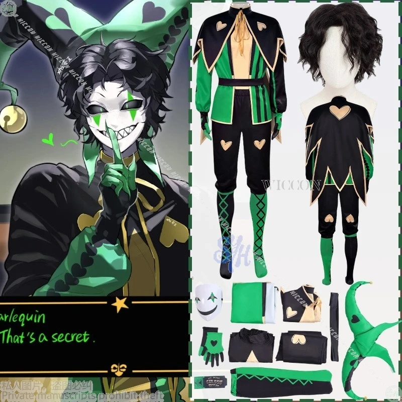 Freakk ハーレクイン コスプレ ピエロ グリーン ブラック ゴールド 制服ウィッグ ホラー マスク ハロウィン ロールプレイ