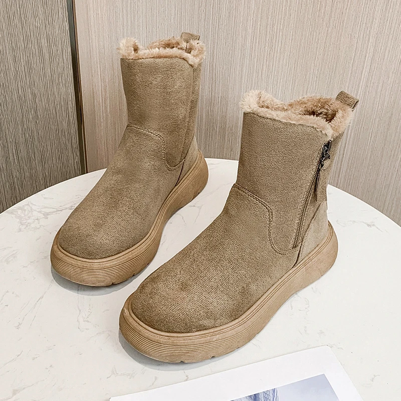 

Thick Soled Round Toe Mid Cut Snow Boots for Warmth Comfort and Soft Zippered Women Boots for Casual Fashionable Botas De Mujer