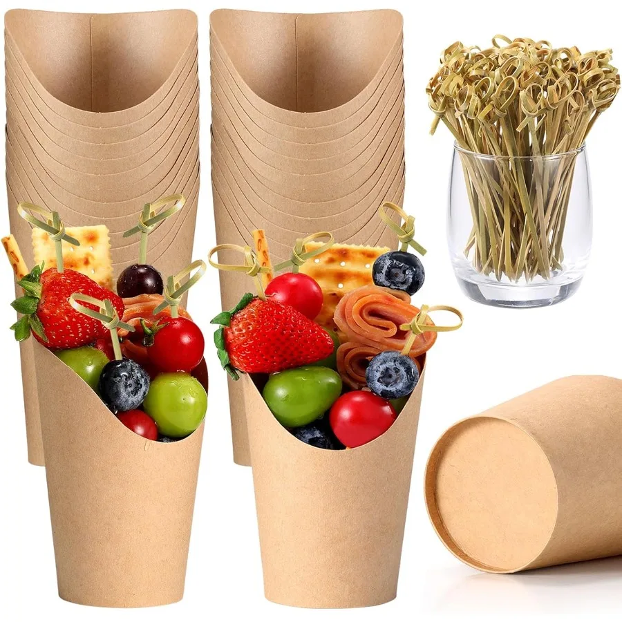 Juego de tazas de charcutería de 12Oz, 24 tazas con 100 púas de cóctel, soporte para freh y brochetas de nudo de bambú, aperitivos de mano para fiestas