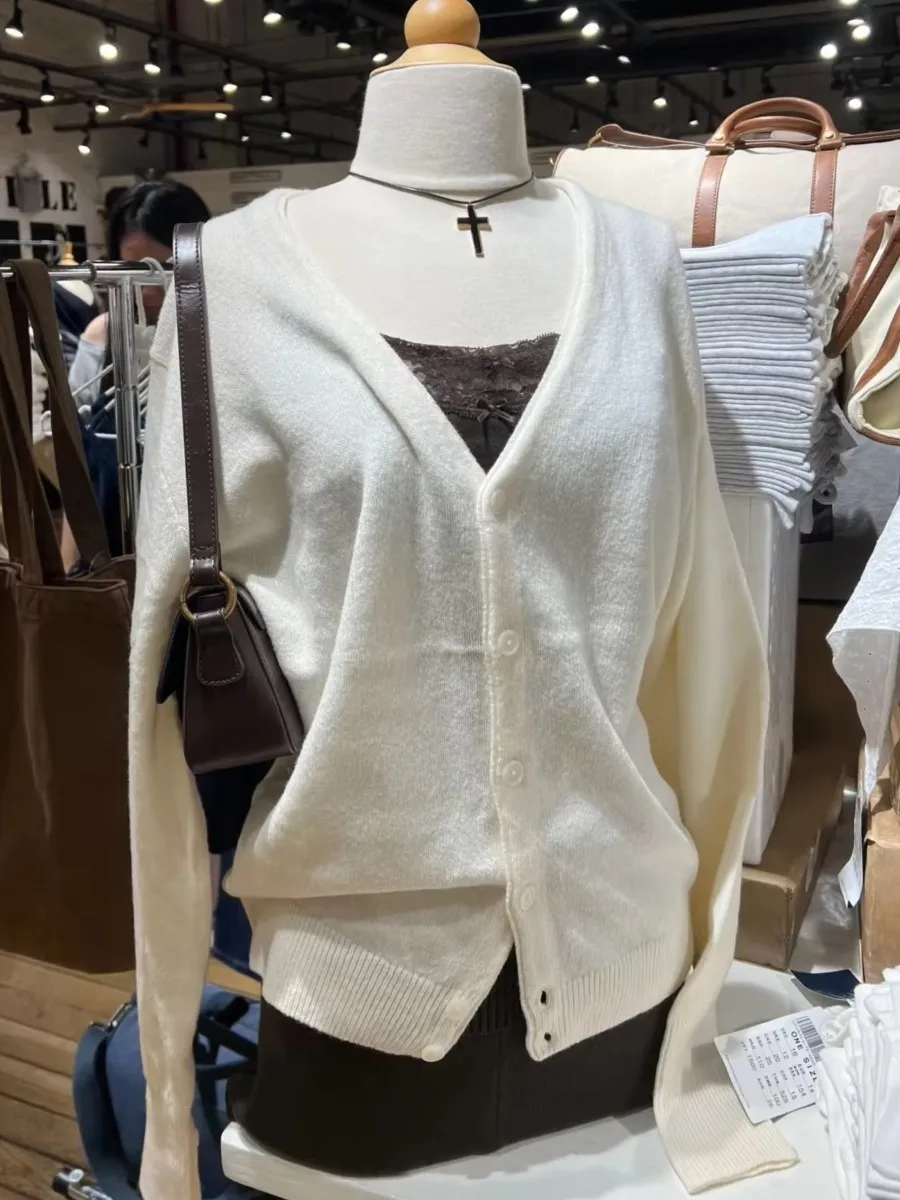 

Beige Sweet Soft Knitted Cardigan Sweater Women Cute Long Sleeve Single Breasted V-Neck Sweater Outerwear Autumn Cotton Knitwear