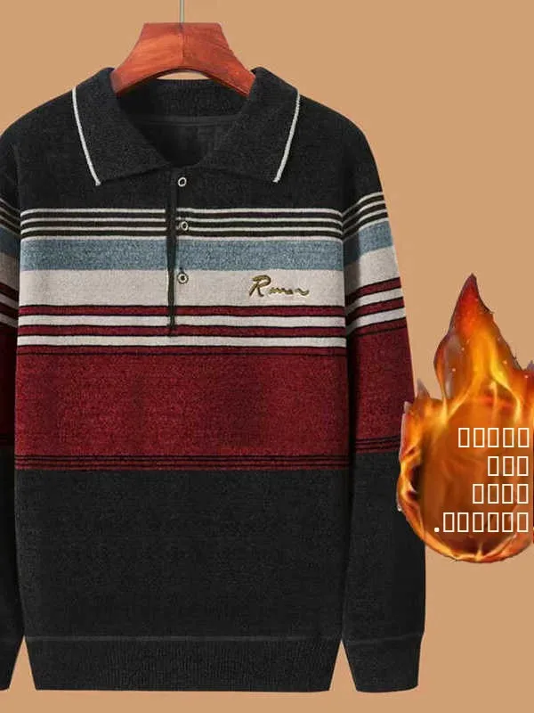 

Thiened Fce Lined Dad Sweater Casual Warm Top for Middle-Aged Men Autumn New Sle Snowy Chiffon Knitted Polyester Fiber