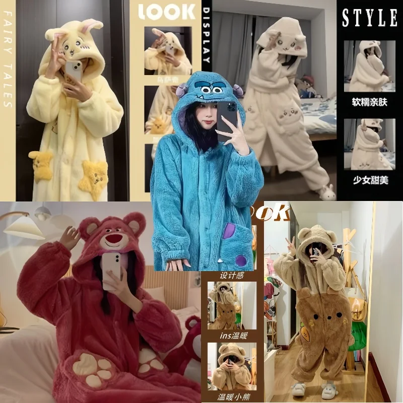 

New Usaki pajamas women's autumn and winter coral fleece fleece thickened cute cartoon nightgown warm outer wear suit