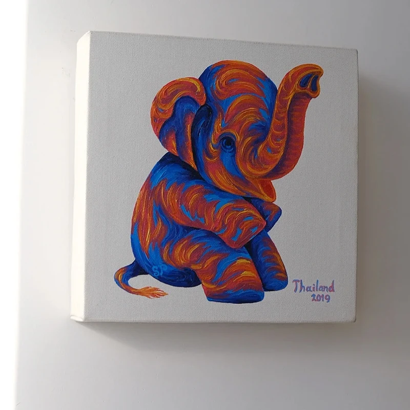 Cuadro de Lona con Diseño de Elefante en Espiral Colorido, Pintura al Óleo Pintada a Mano en Tailandia, Póster Abstracto de Animal, Cuadro en Lona con Marco Cuadrado, Tamaño L