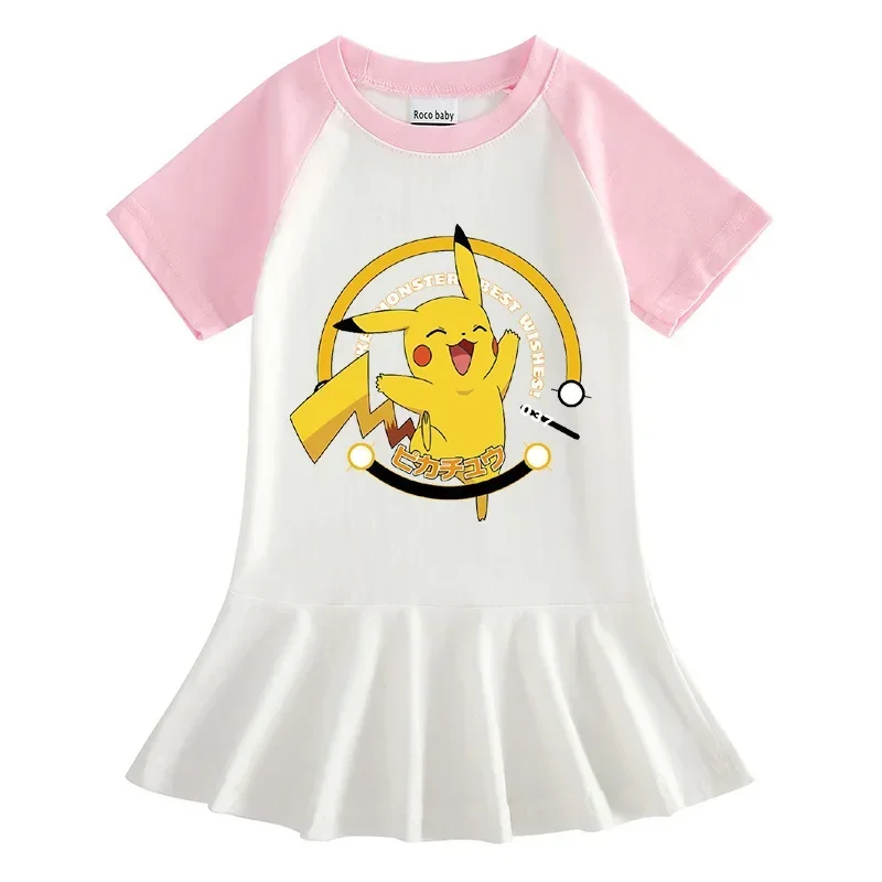 

TAKARA TOMY Summer Clothing Cartoon Pikachu Short Sleeve Girls Dress Girls Cotton Pokémon Pleated Princess Dress