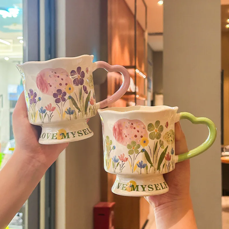Hand Drawn Floral Ceramic Mug, Cute Coffee Cup, Breakfast Milk Juice Cute Office Drinking Cup, Couple Holiday Gift