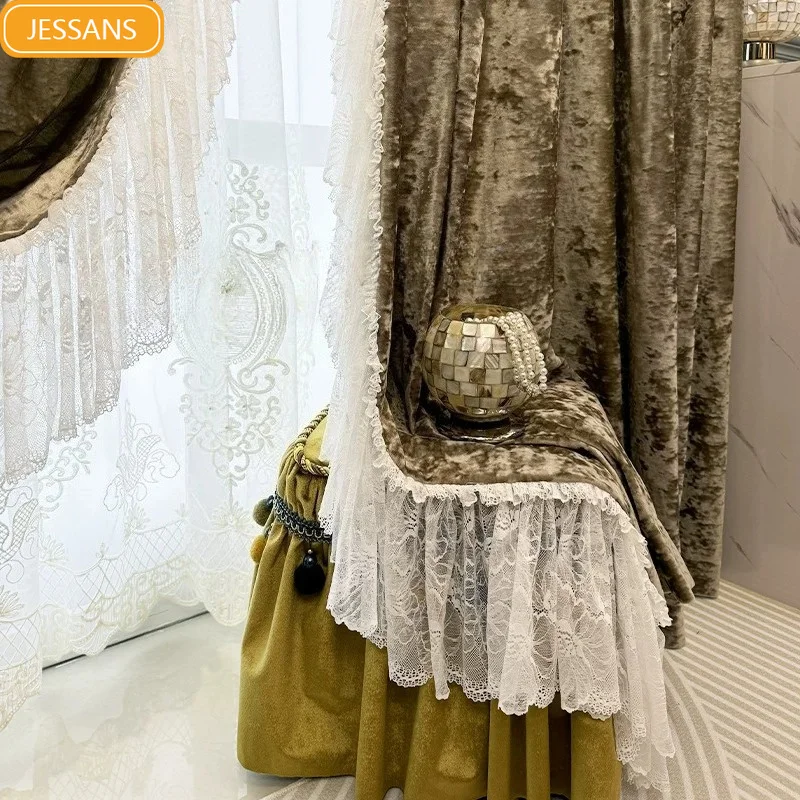 Coffee Color Ice Floral Velvet Lace Curtains for Bedroom Living Room Bay Windows High-end Customized Villa Partition Curtains