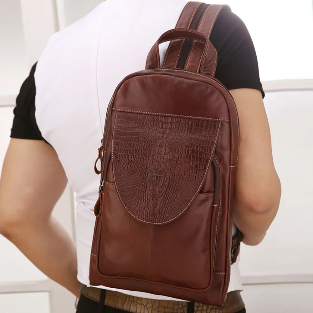 Men Genuine Leather Crossbody Chest Day Pack Vintage Sling Shoulder Messenger Travel Bag Crocodile Pattern Design Male Backpack