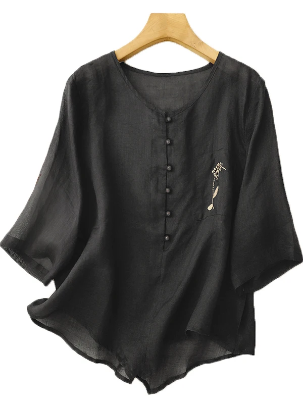 تي شيرت نسائي مطرز خفيف الوزن وجيد التهوية من القطن والكتان مقاس كبير or Sve بأزرار دائرية Ne كاجوال