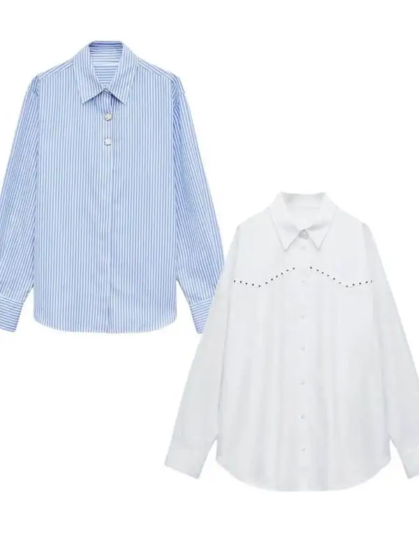 

Свободный крой, декор на пуговицах, полосатый шелковый утюг, новые женские модные заклепки, длинный свеч, отложной воротник, традиционный Sle, без бренда