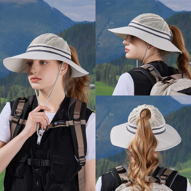 

Summer breathable sun hat children outdoor climbing fishing sun hat can be tied ponytail large brim empty fisherman hat