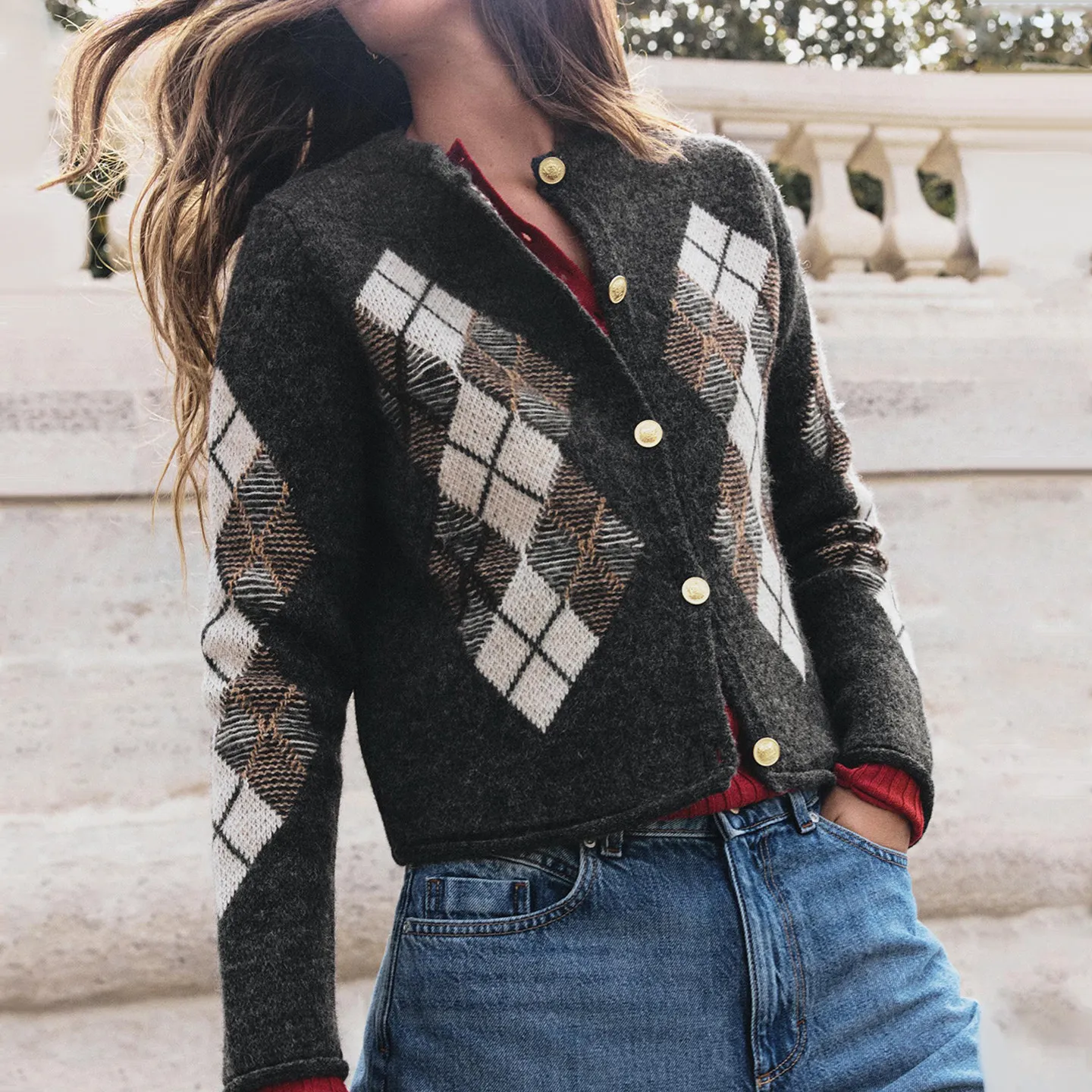 Women's Knitted Long Sleeve round Neck Diamond Patterned Outerwear Casual Style Autumn Fashion 2026 Zadata Cardigan