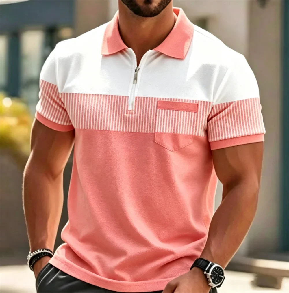 Men's taro purple striped patchwork zipper polo shirt, color blocking pocket short sleeved casual top