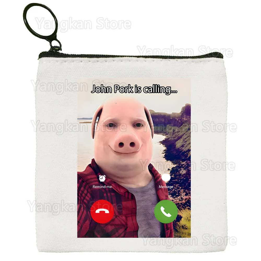 John Pork Is Calling Answer Call Pig Meme Cute Solid Color Canvas Coin Purse Small Fresh New Zipper Key Bag Hand Gift Bag