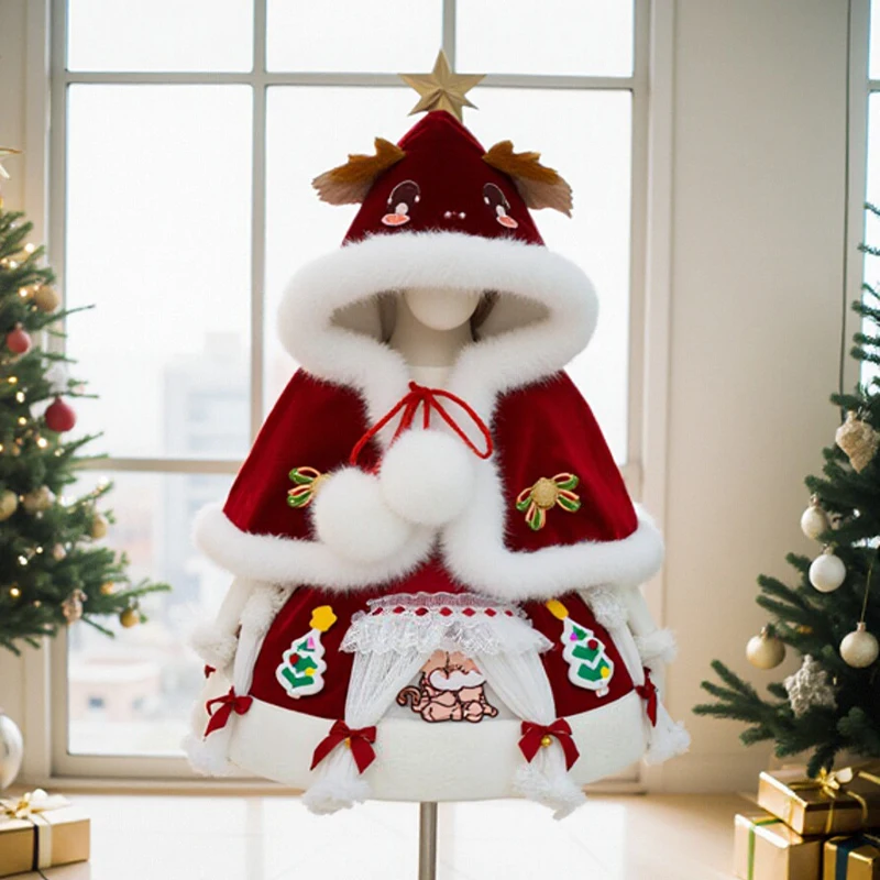 

Christmas Girls Lolita Princess Dress Red Cloak Velvet Party Dress Bow Decoration Dress Ruffled Tutu Skirt Layered Dress Gift