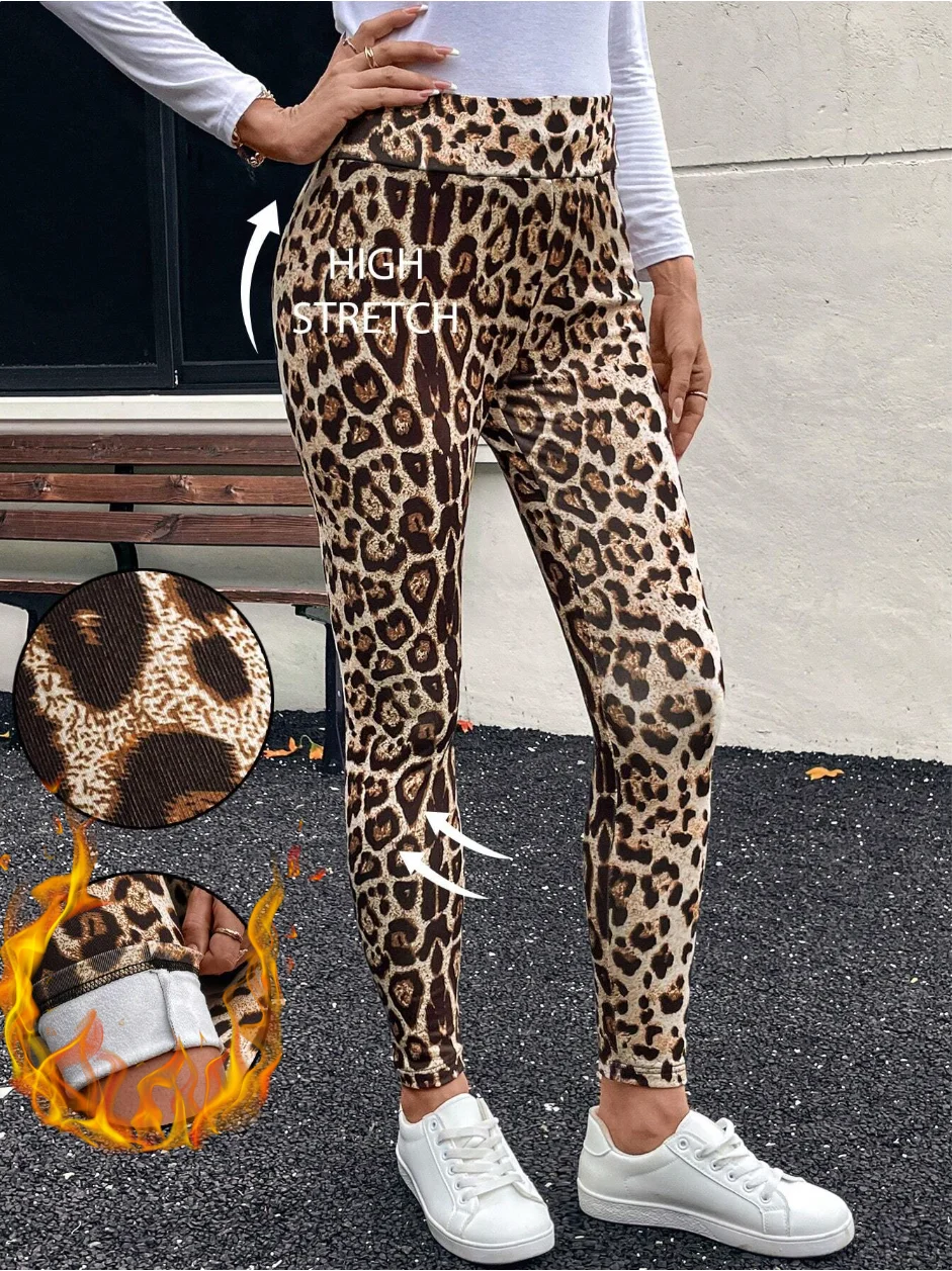 Damen-Yogahose mit hoher Taille, Fleece-Futter, Leopardenmuster, modische Sport-Fitness-Hose mit neun Länge und Basisschicht