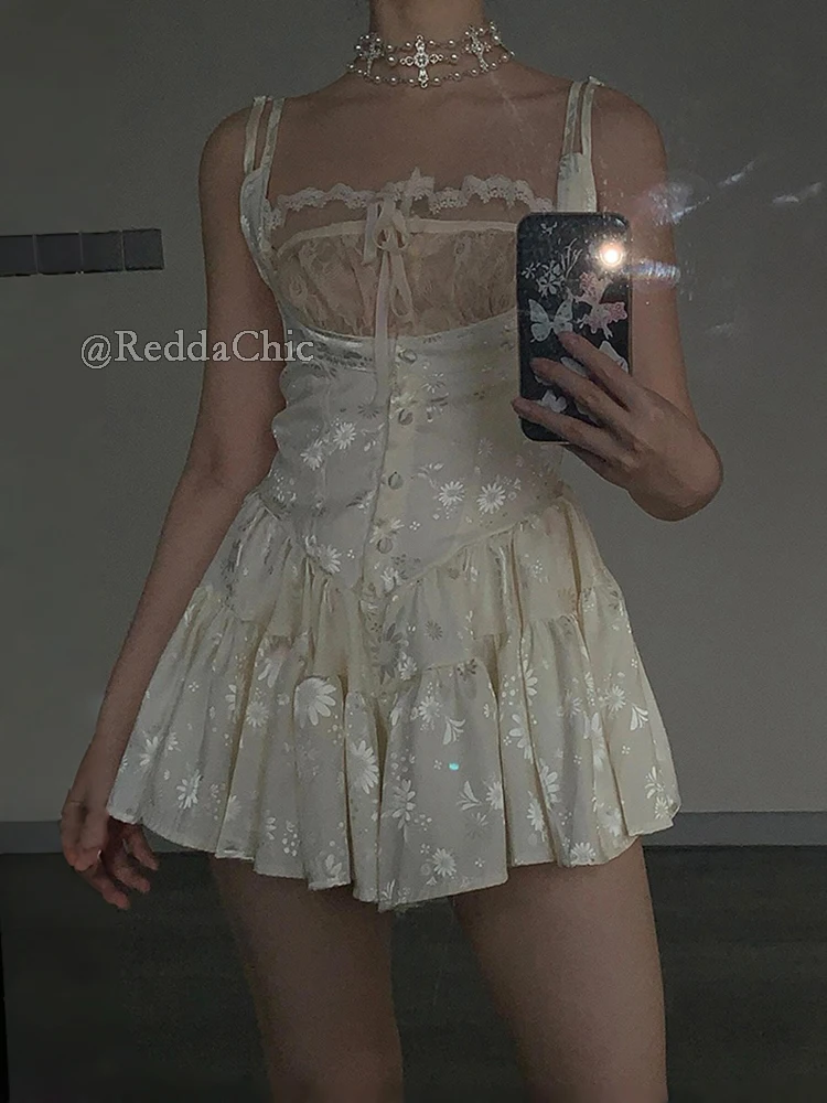 ReddaChic Women's Floral Corset Dress & Lace Shorts Summer Square Neck Tie Up Stain Mini One-piece Coquette Vacation Clothes