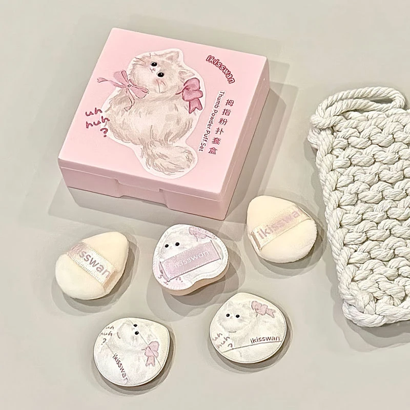 5Pcs Cute Mini Finger Puff Set with Box Facial Makeup Sponge Soft Velvet Mixed Beauty Makeup Puff Professional Makeup Tools