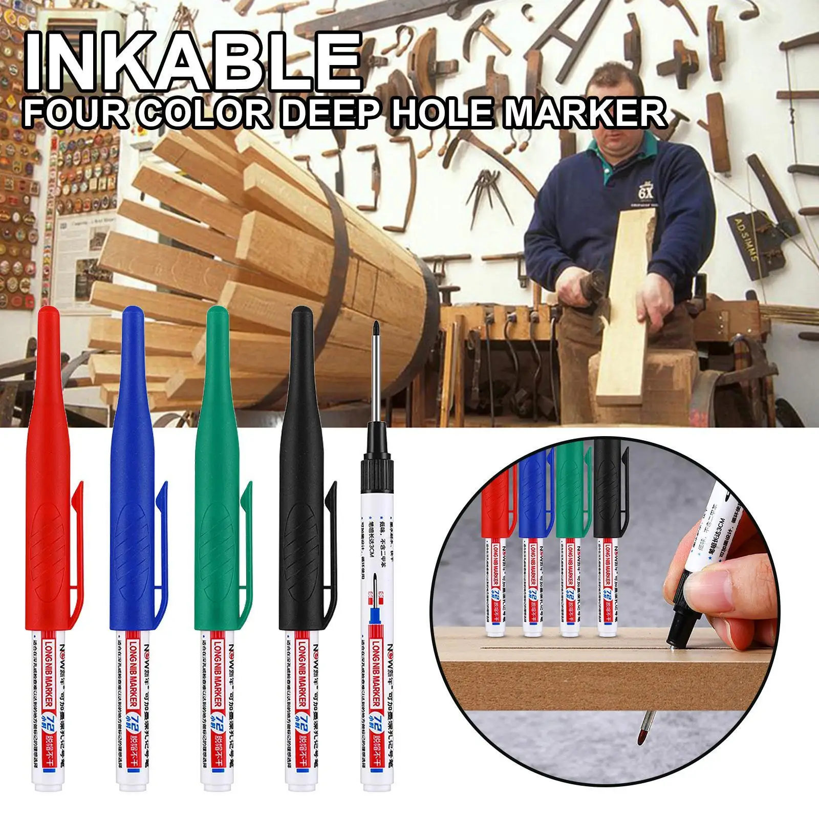 4 COLOR Carpenter Pen 32mm Deep Drill Hole Long Nib Water Resistant Marker Pens Home Decoration Construction Hand Tool Part