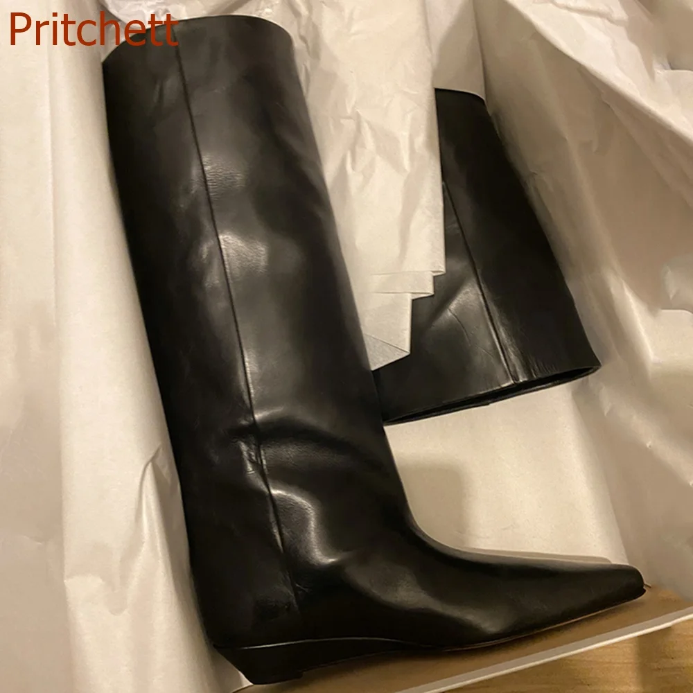 Pointed Toe Wedges Women Boots Knee High Solid Black Height Increasing Genuine Leather Retro Slip  On Women  Shoes  2023 Newest