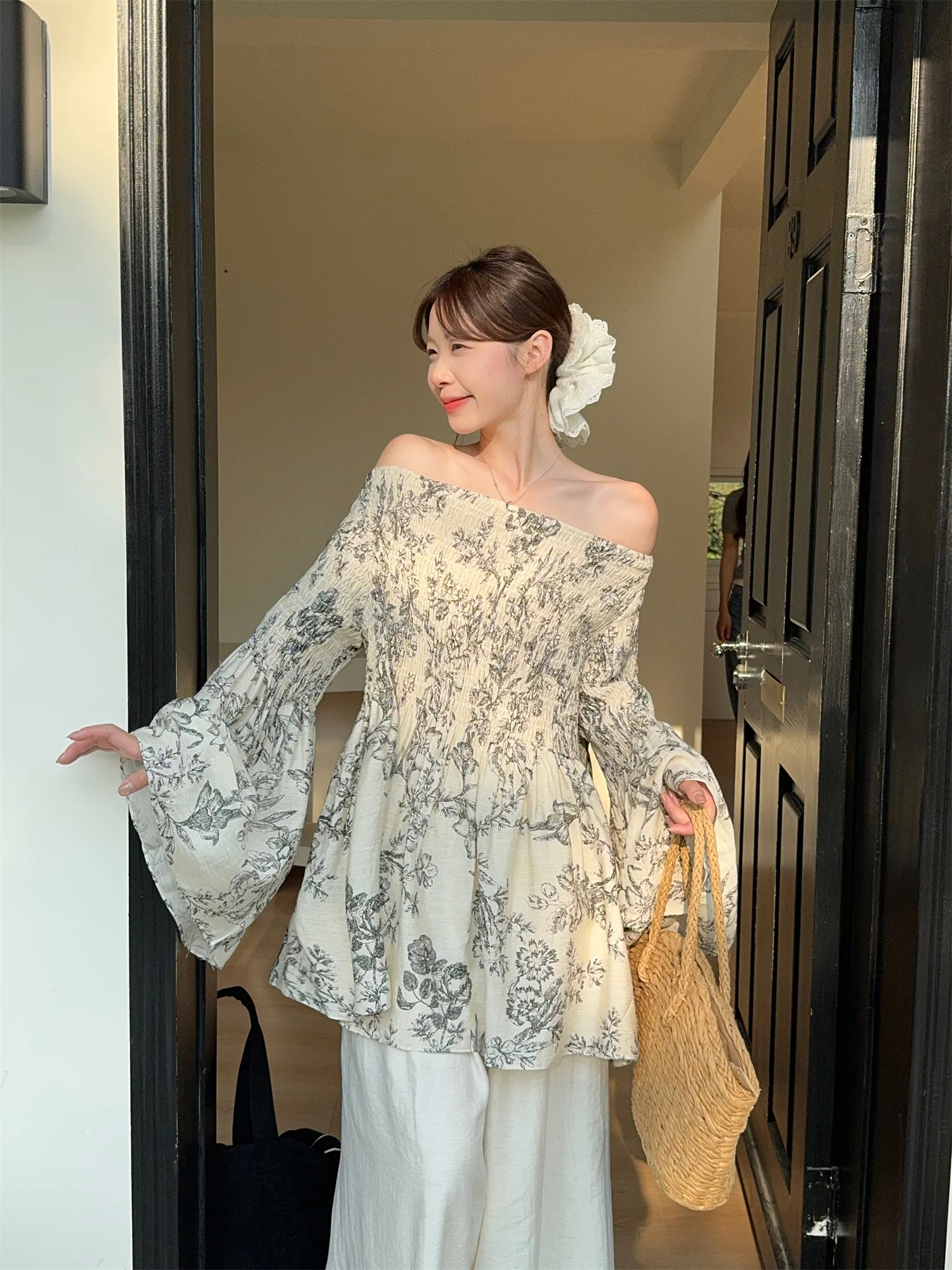 春夏スイートカジュアルシャツワンショルダーベルスリーブ新作スリムバケーションAラインシャツ