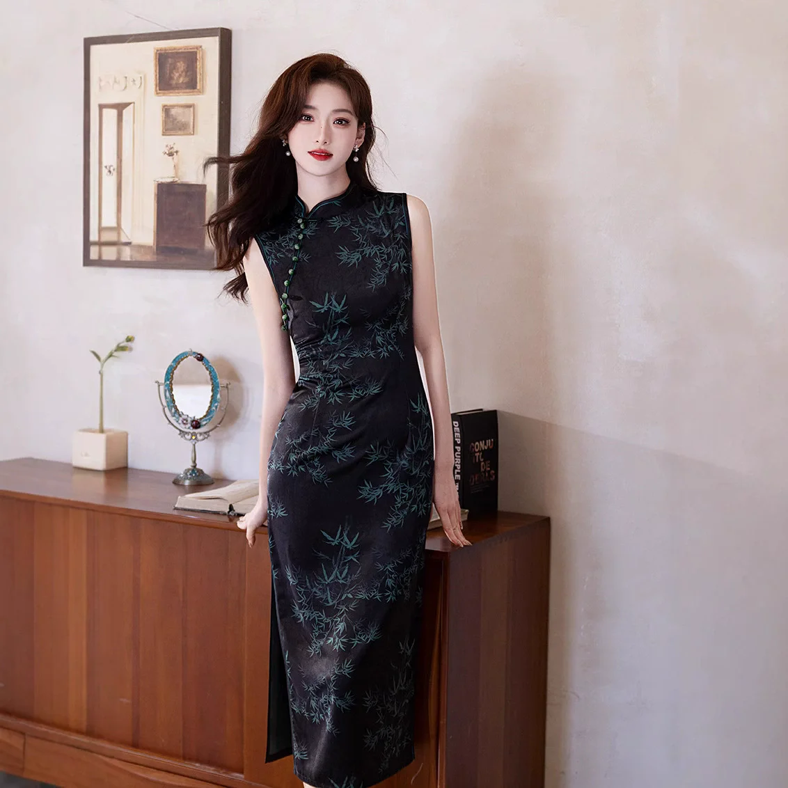 

Elegant and Ladylike Black Bamboo Leaf Printed Cheongsam Summer 2025 New Chinese Style Sleeveless Dress Qipao