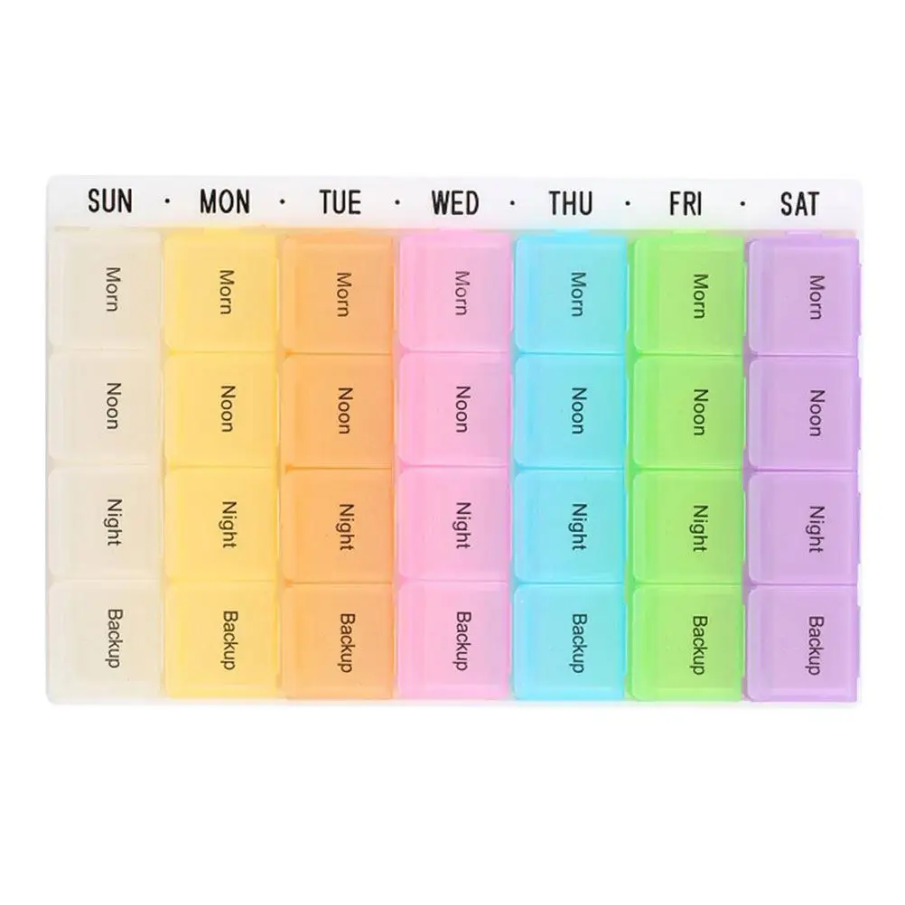 28 Compartment Medicine Box Multicolor Rigid Plastic 17.8 X 11.5 X 2.5 Cm Weekly Pill Organizer Fast Setup Travel Home Hospital