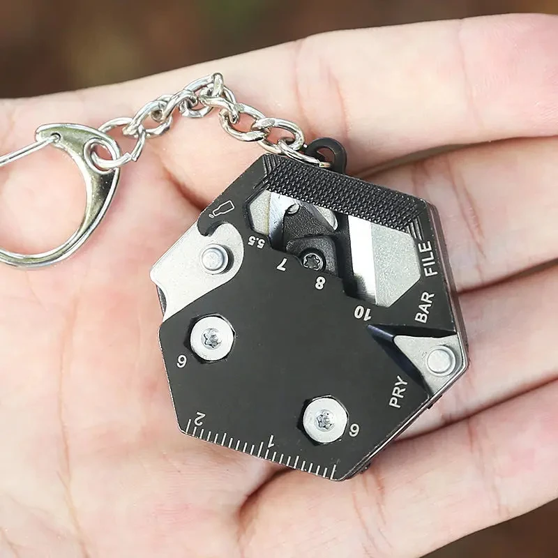 Imagem -02 - Multifuncional Hexagon Coin Keychain Ferramenta de Sobrevivência ao ar Livre Edc Canivete Chave de Fenda Dobra Dobrável Mini Engrenagem