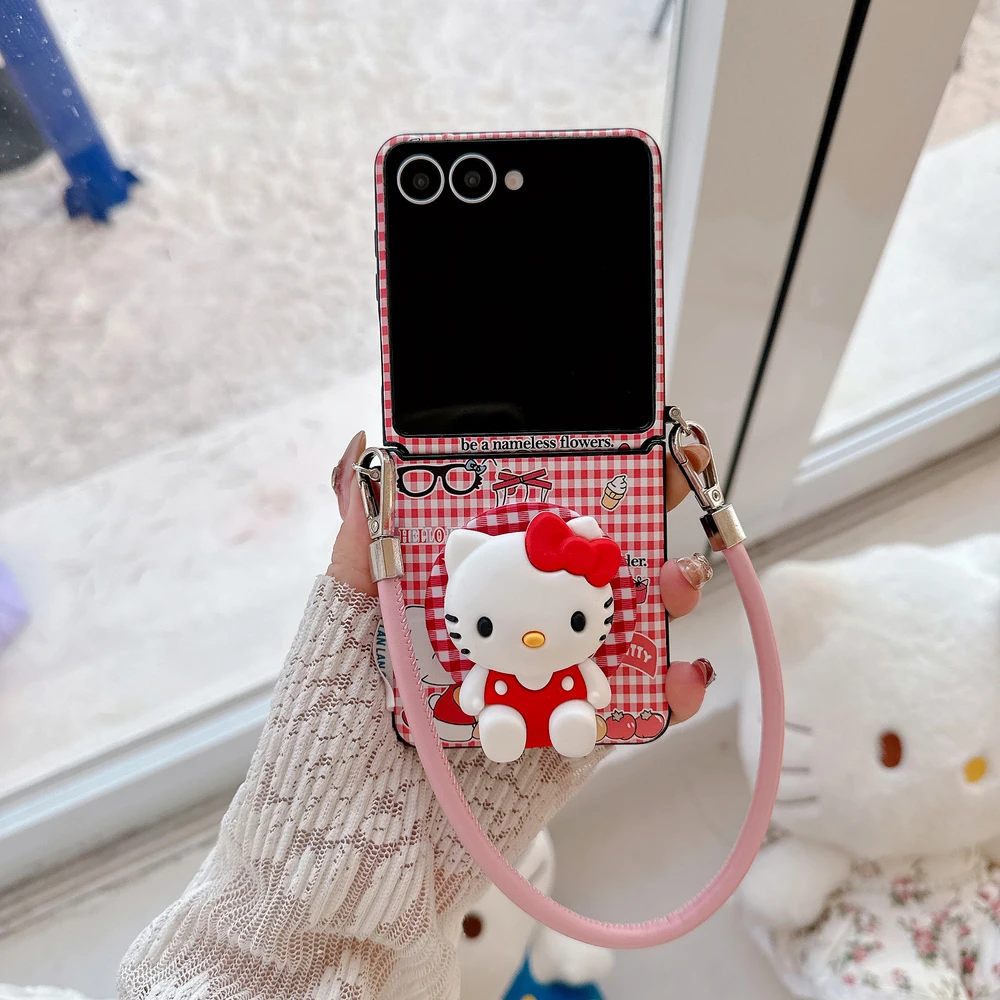 

Sanrio Hello Kitty Magnetic Grip Tok Holder Magsafe Wireless Charge Phone Case For Samsung Galaxy Z Flip 7 6 5 Leather Cover