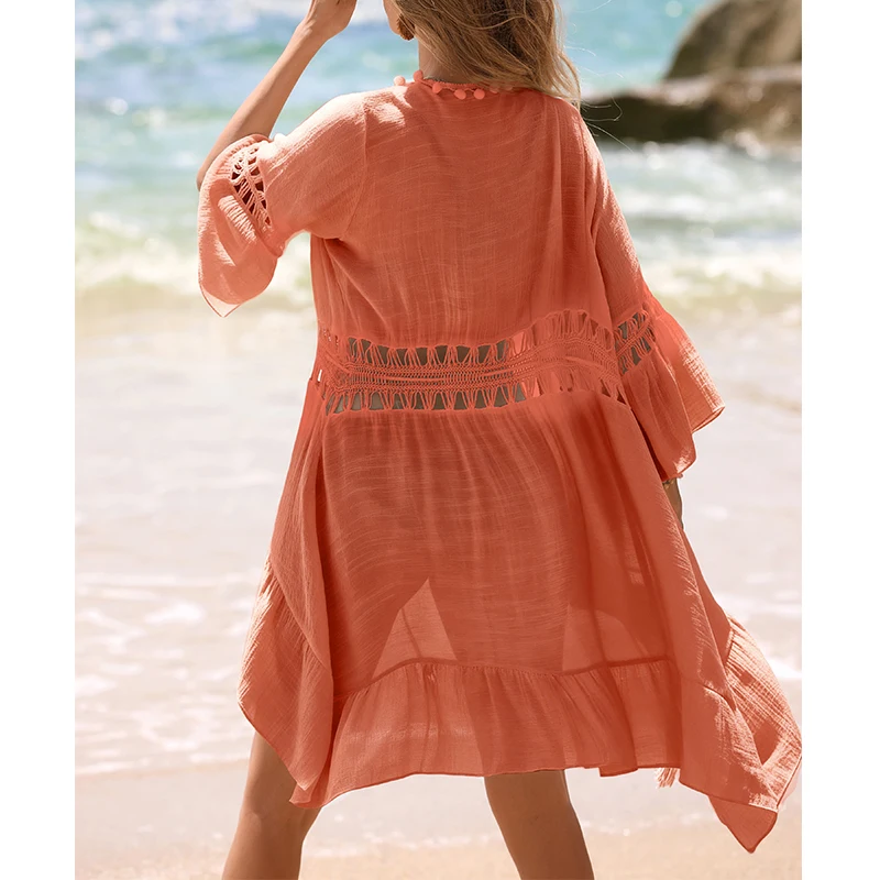 Lightweight Breathable Tassel Tie Up Cardigan, Beach Vacation Bikini Cover-Up Dress, Sexy Fitted Style, Plain Pattern image 2