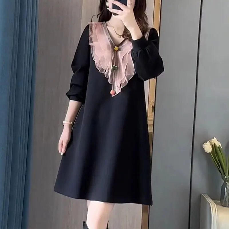 Commute Elegant Ruffles Spliced Midi Dress Button Spring Autumn Casual V-Neck Female Clothing Basic Long Sleeve A-Line Dresses