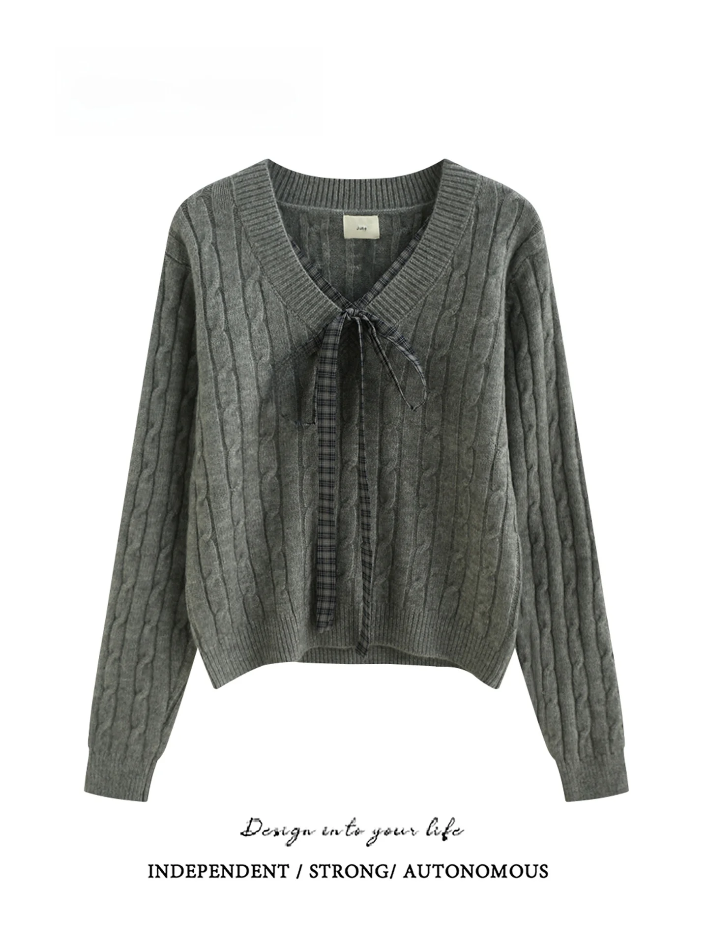 

Fall Winter Short V-Neck Long Sleeve Sweater Tie Knot Twist Korean Retro College Style Warmth Thermal Knitwear for Women